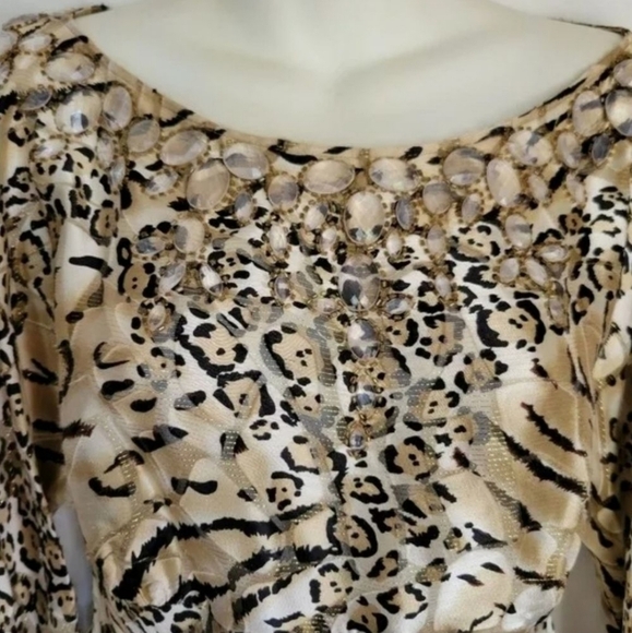 cache Lux Semi Sheer Animal Print Silk Blend Jeweled 3/4 Sleeve Blouse Size: S - Picture 5 of 8